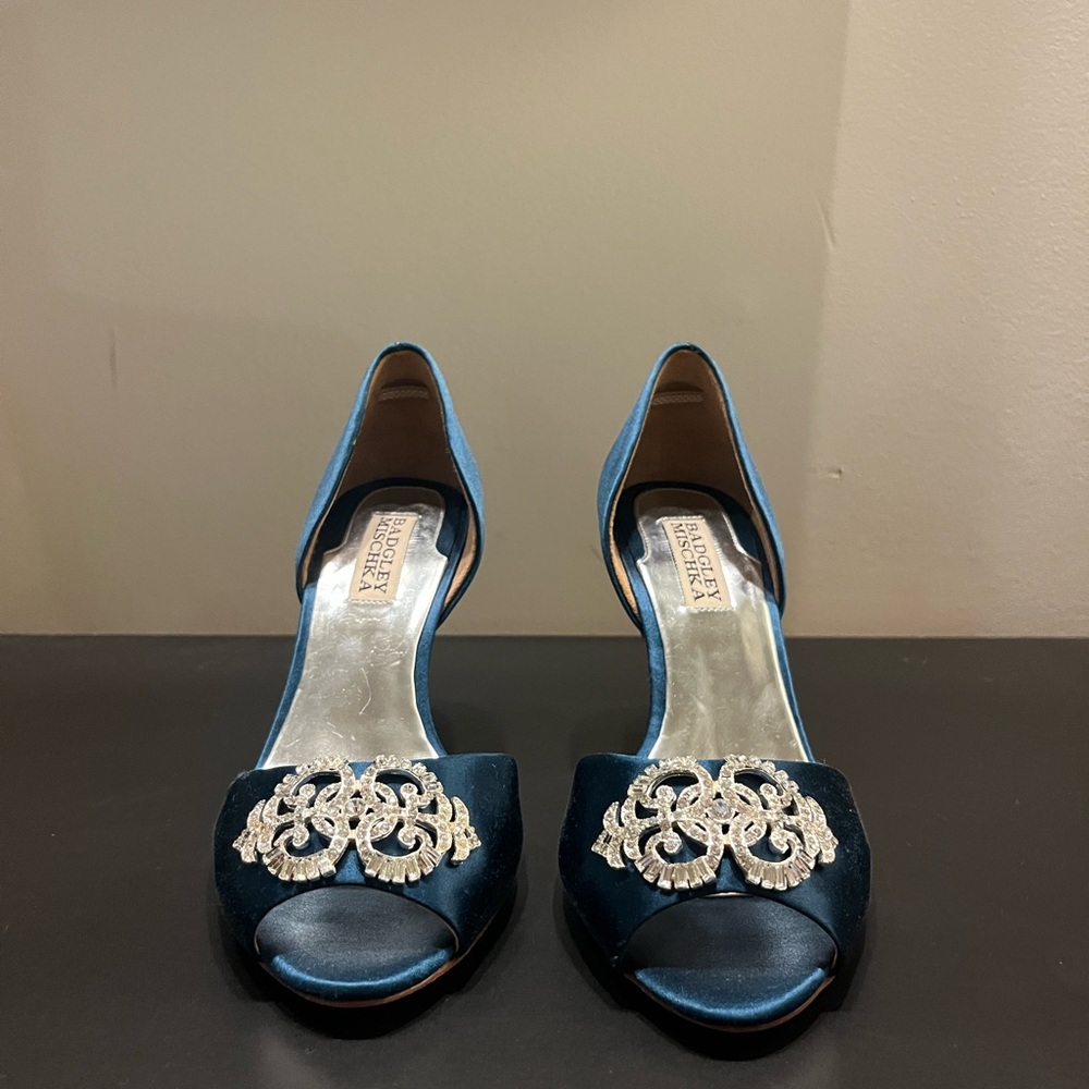 Badgley Mischka 90’s Satin Open-Toe Heels with Crystal Medallions